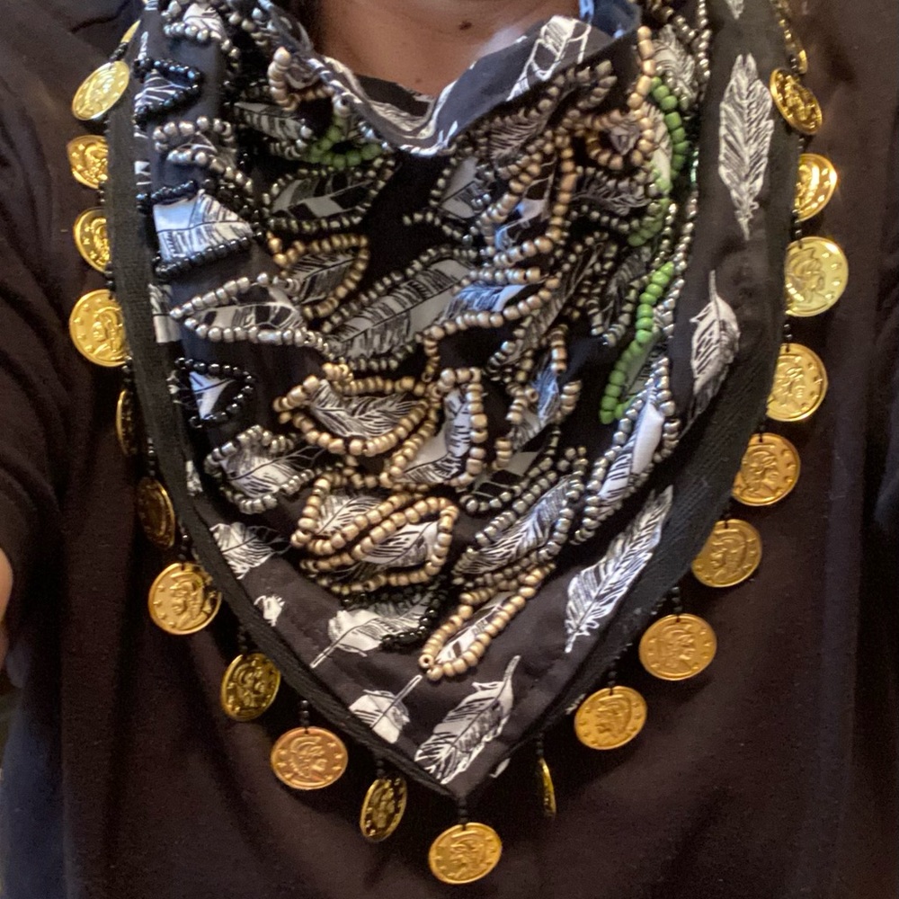 Bohemian, hand embroidered with beads, neck scarf. Statement piece!